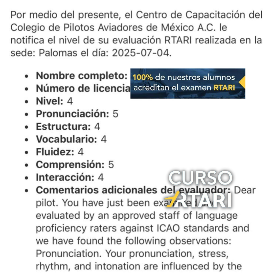 Resultados de alumnos del curso RTARI mostrando niveles aprobados en inglés aeronáutico