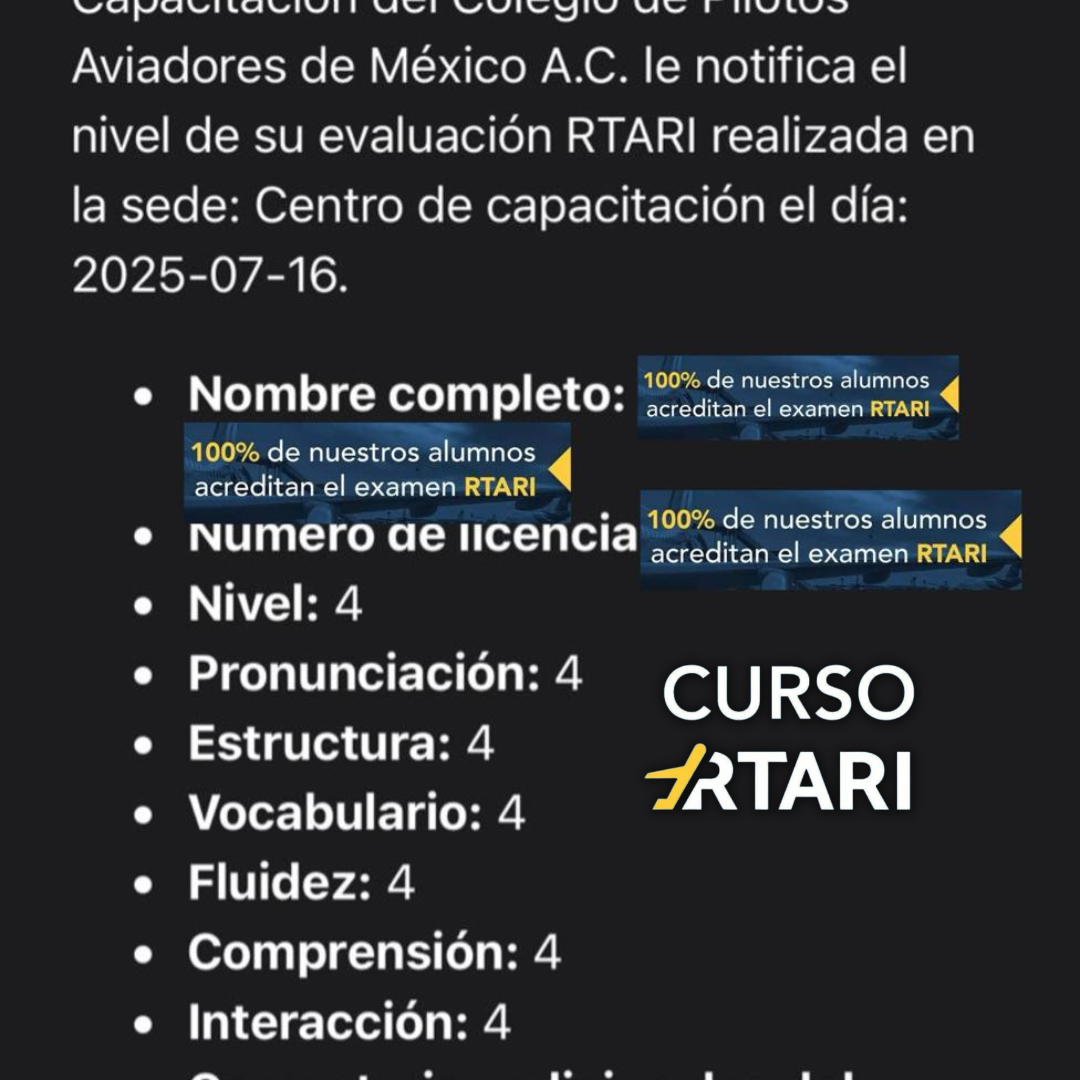 Resultados de alumnos del curso RTARI mostrando niveles aprobados en inglés aeronáutico