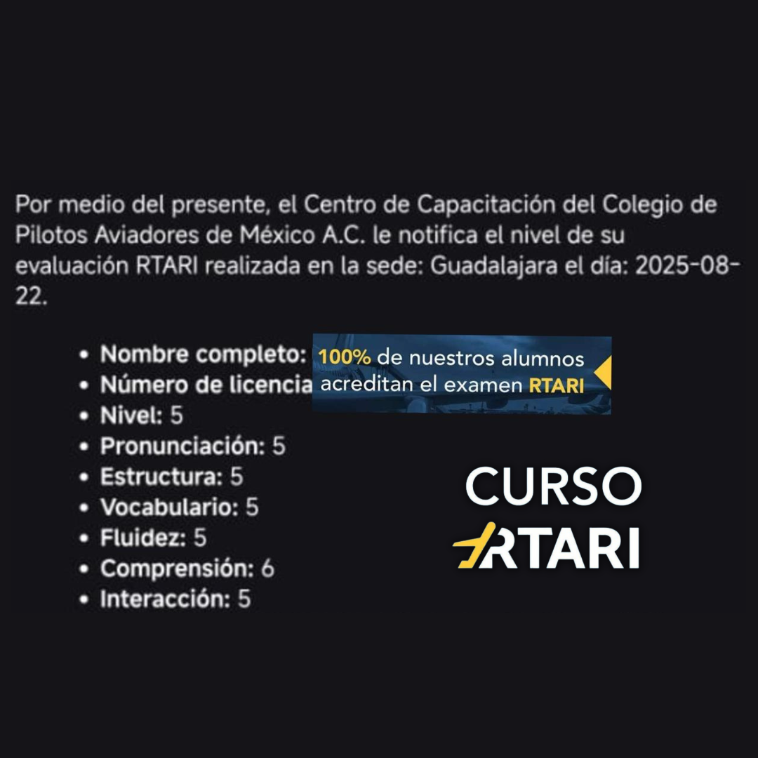 Resultados de alumnos del curso RTARI mostrando niveles aprobados en inglés aeronáutico
