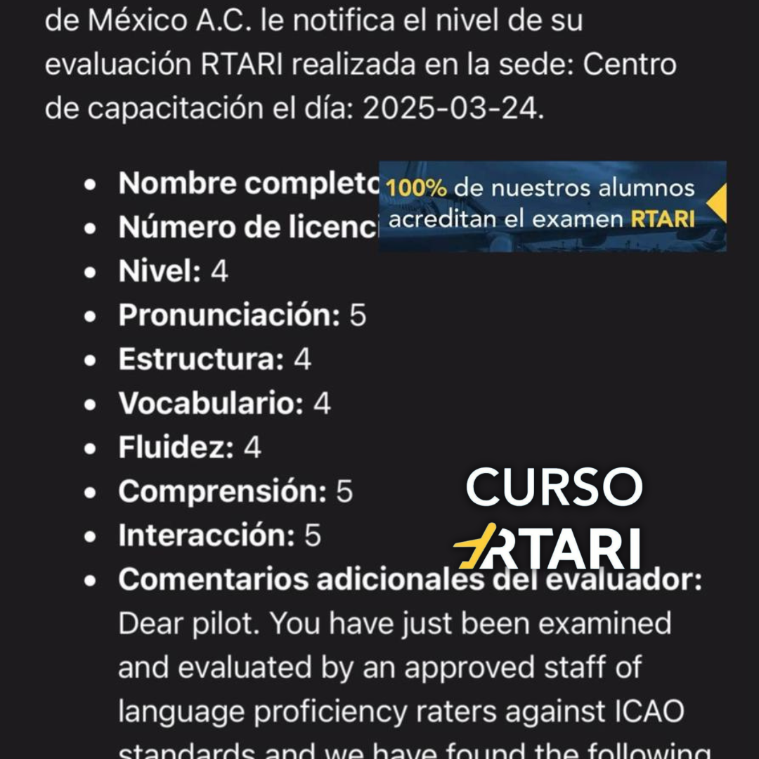 Resultados de alumnos del curso RTARI mostrando niveles aprobados en inglés aeronáutico