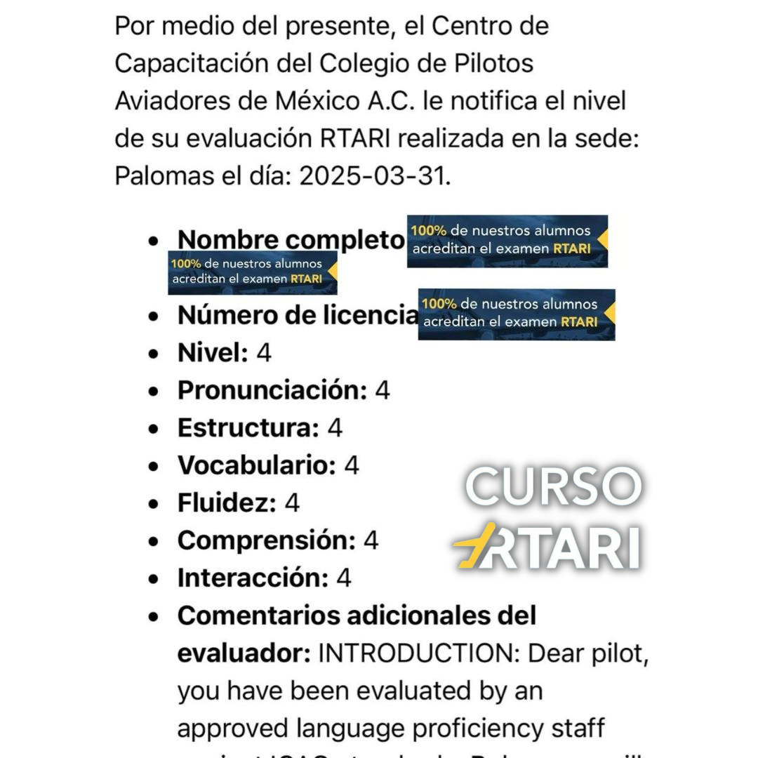 Resultados de alumnos del curso RTARI mostrando niveles aprobados en inglés aeronáutico